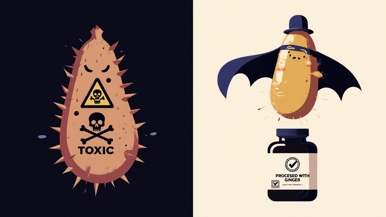 A toxic raw tuber transformed into a safe, glowing herbal supplement with ginger processing.