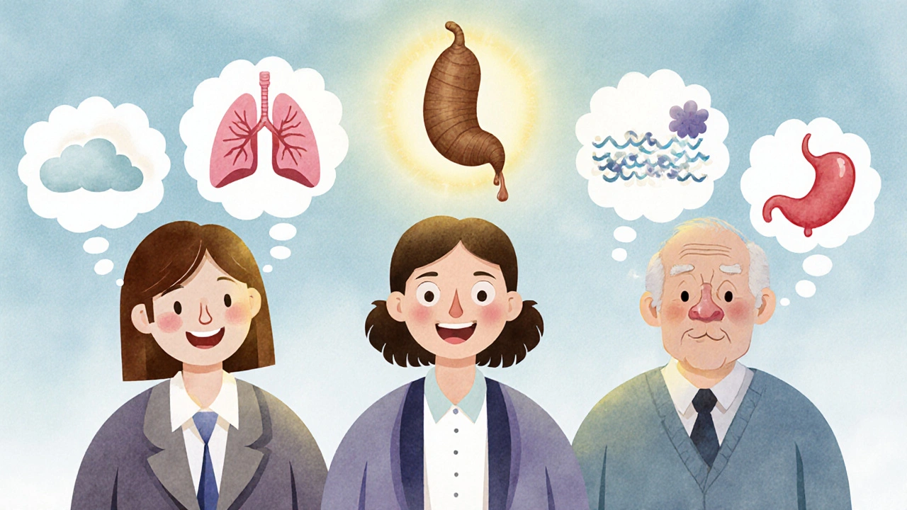 Three people with thought bubbles showing improved lungs, stomach, and sinuses thanks to Pinellia Ternata.