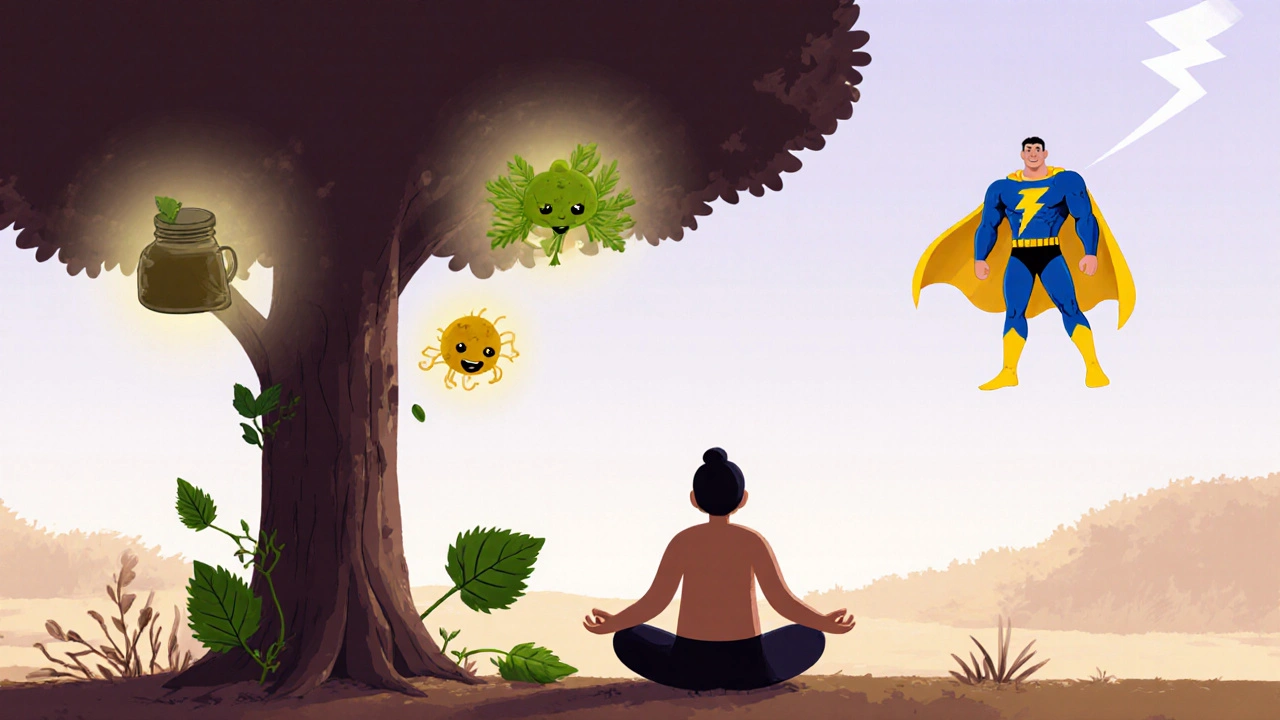 A person meditates as friendly L-theanine and rhodiola creatures emit calm energy nearby.