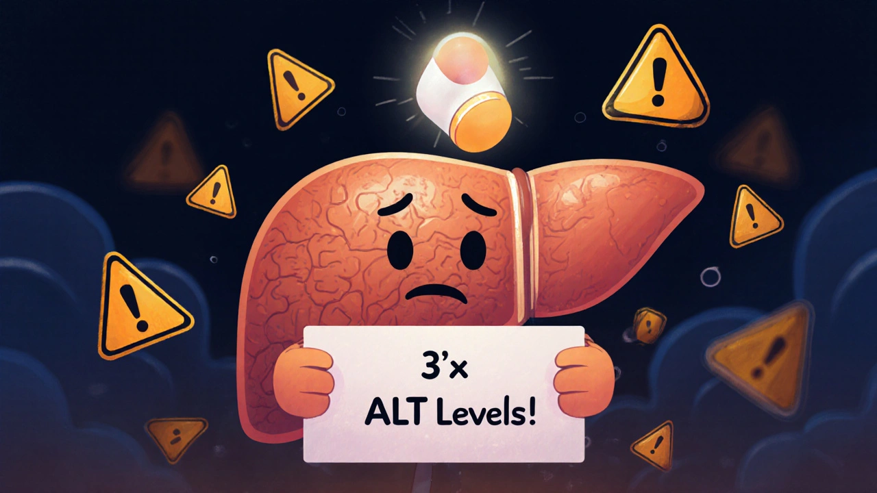 A worried liver character reacts to a dangerous adrafinil pill with warning symbols around it.