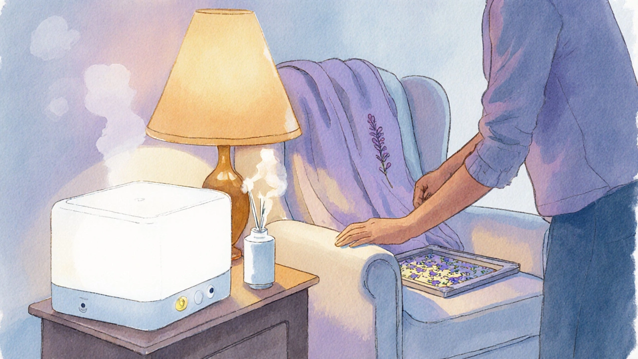 Caregiver sets up light therapy box, lavender diffuser, and cozy chair for a calming evening routine.