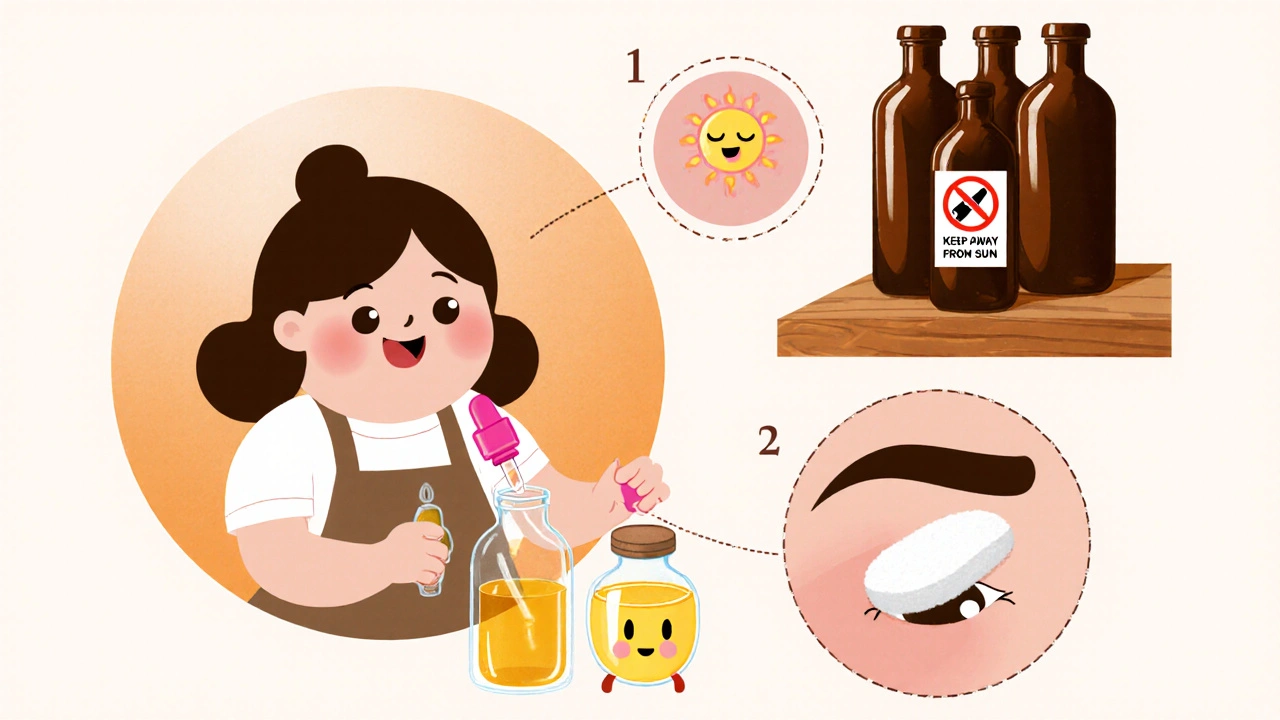 Cartoon character mixing essential oils with carrier, applying a cotton pad to eyes, and storing amber bottles.