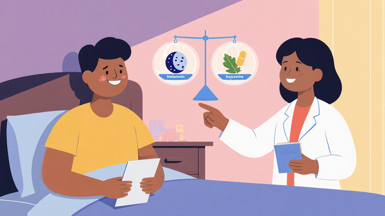 Cartoon person consulting a pharmacist with a balancing scale of sleep aid icons.