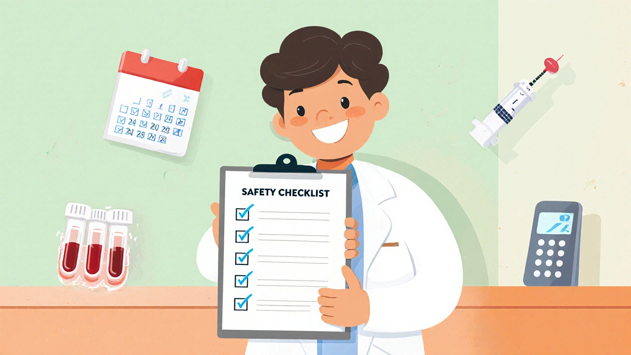 Cartoon pharmacist presenting a safety checklist with blood test tubes and calendar.