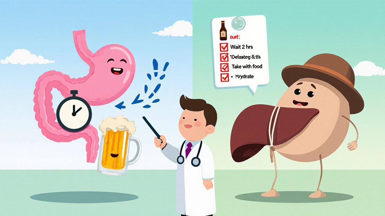 Cartoon stomach and liver with a doctor figure showing a checklist about alcohol timing.