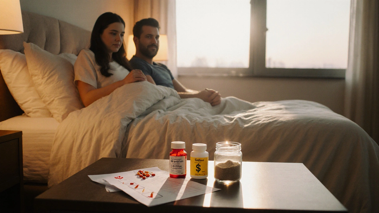 Couple in bedroom with pill bottles and supplement jar on nightstand.