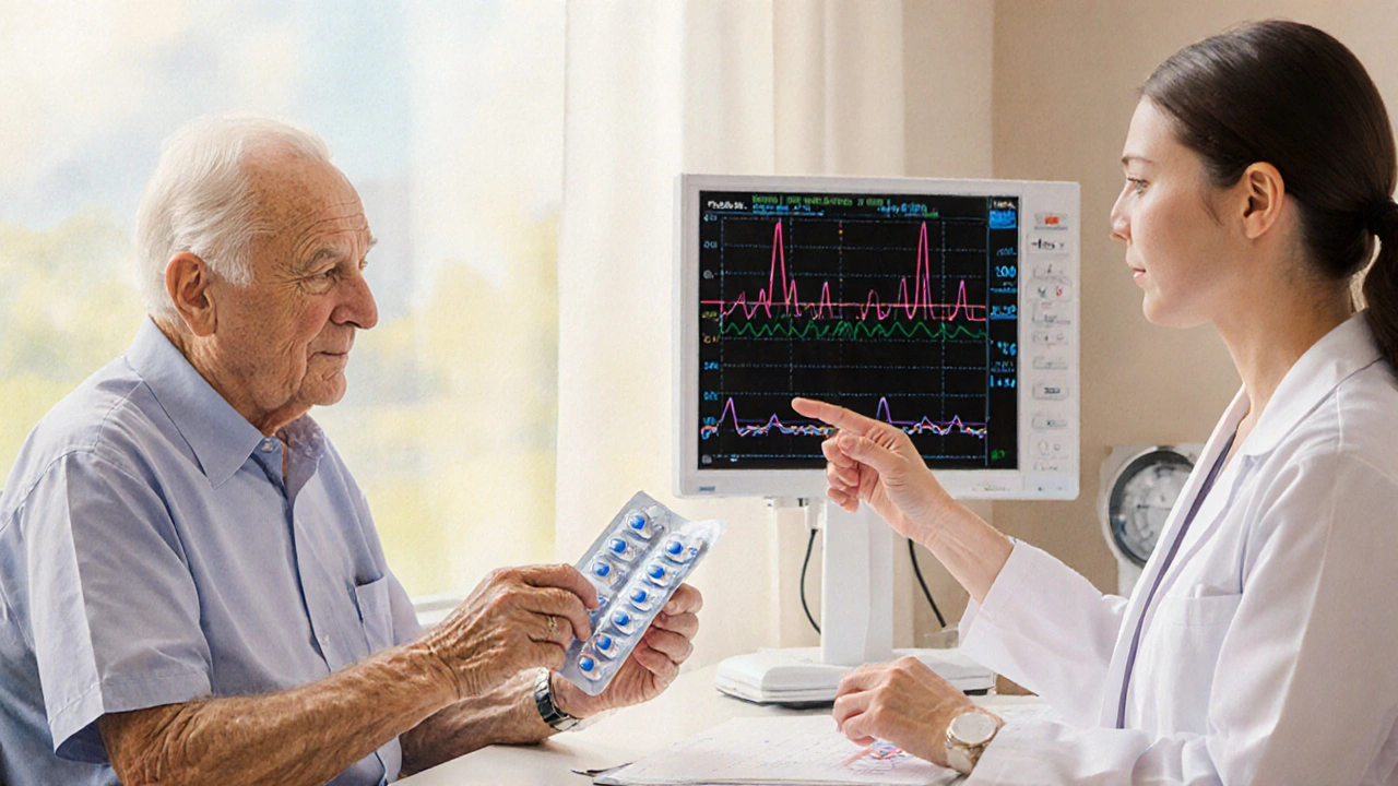 Doctor consulting an older patient holding Cardizem in a bright clinic.