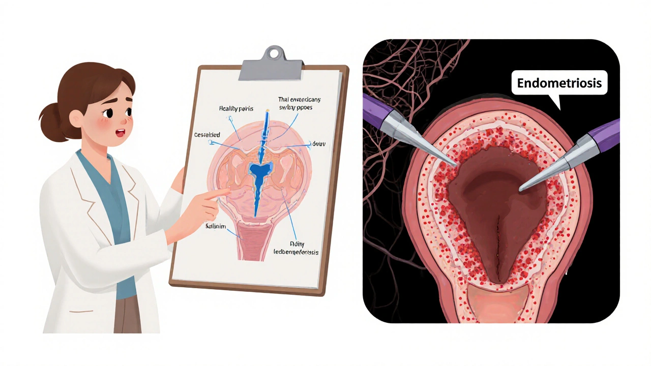 Doctor explaining pelvic health with diagrams showing endometriosis vs. healthy anatomy.