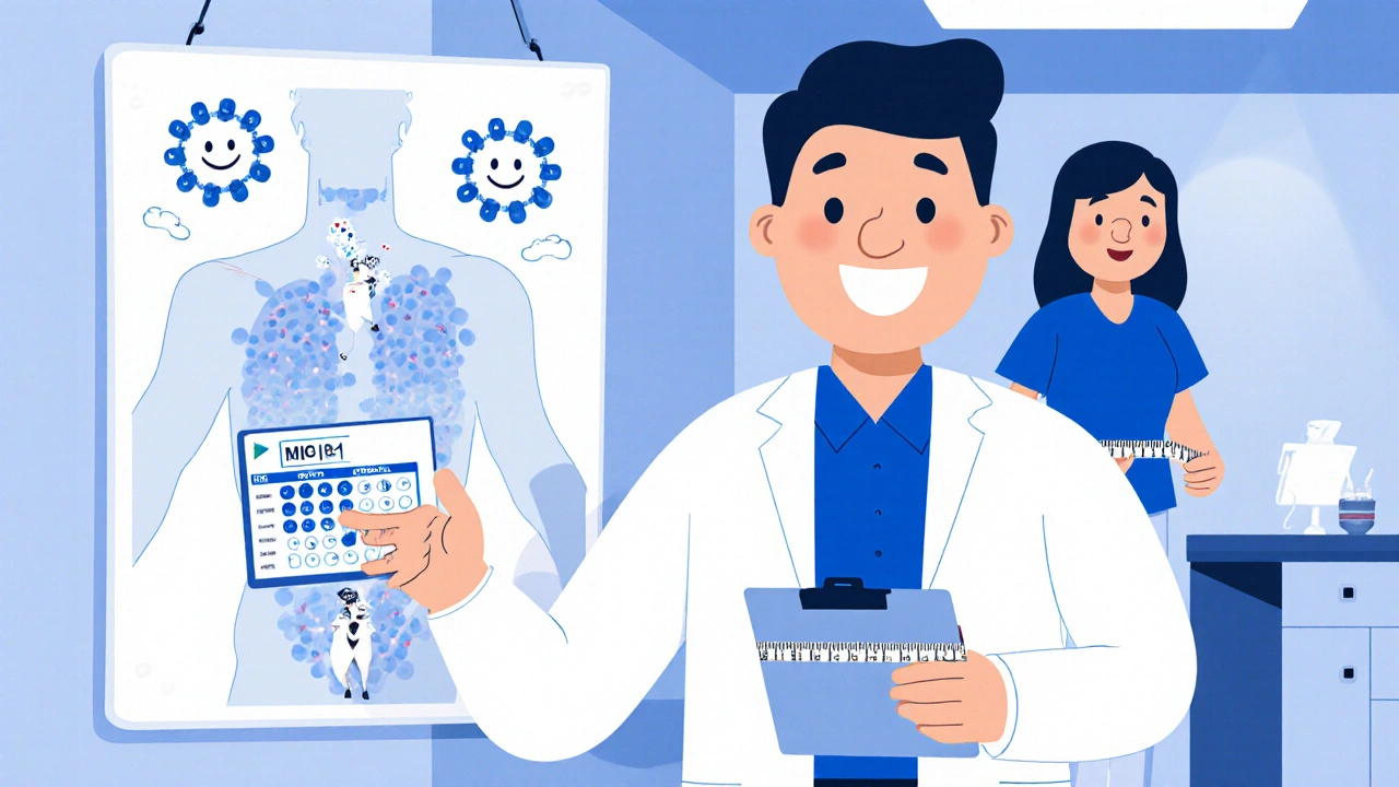 Doctor measuring waist while a cartoon Renin‑Angiotensin diagram shows shrinking fat cells.
