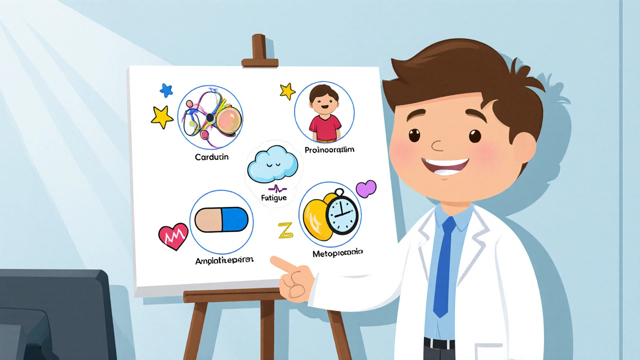 Doctor pointing at a chart with cartoon pill icons and side‑effect symbols.
