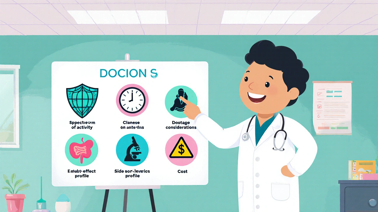 Doctor pointing to six rounded icons representing antibiotic decision criteria in a cartoon illustration.