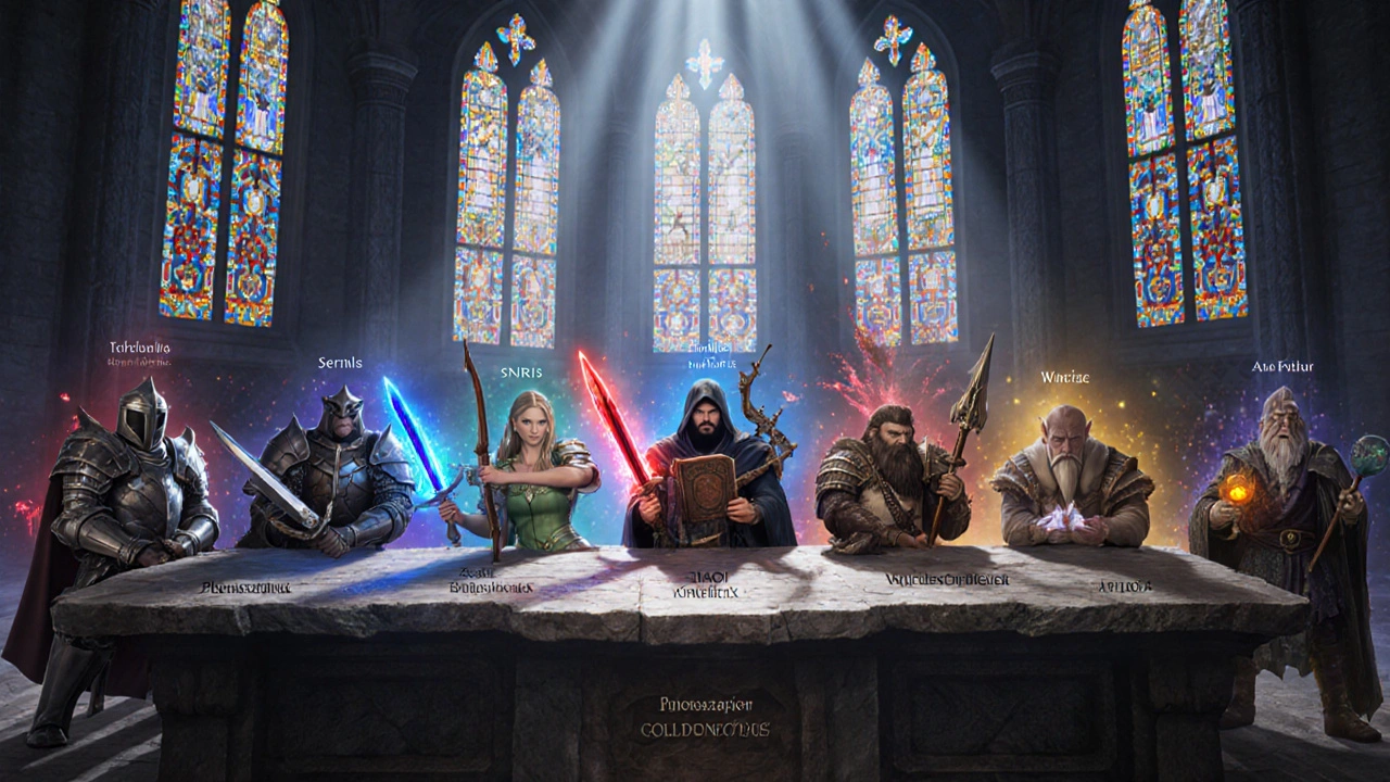 Fantasy hall with characters representing different antidepressant classes around a stone table.