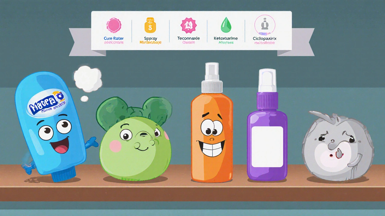 Five rounded antifungal product characters lined up on a shelf with icons for cure rate and price.