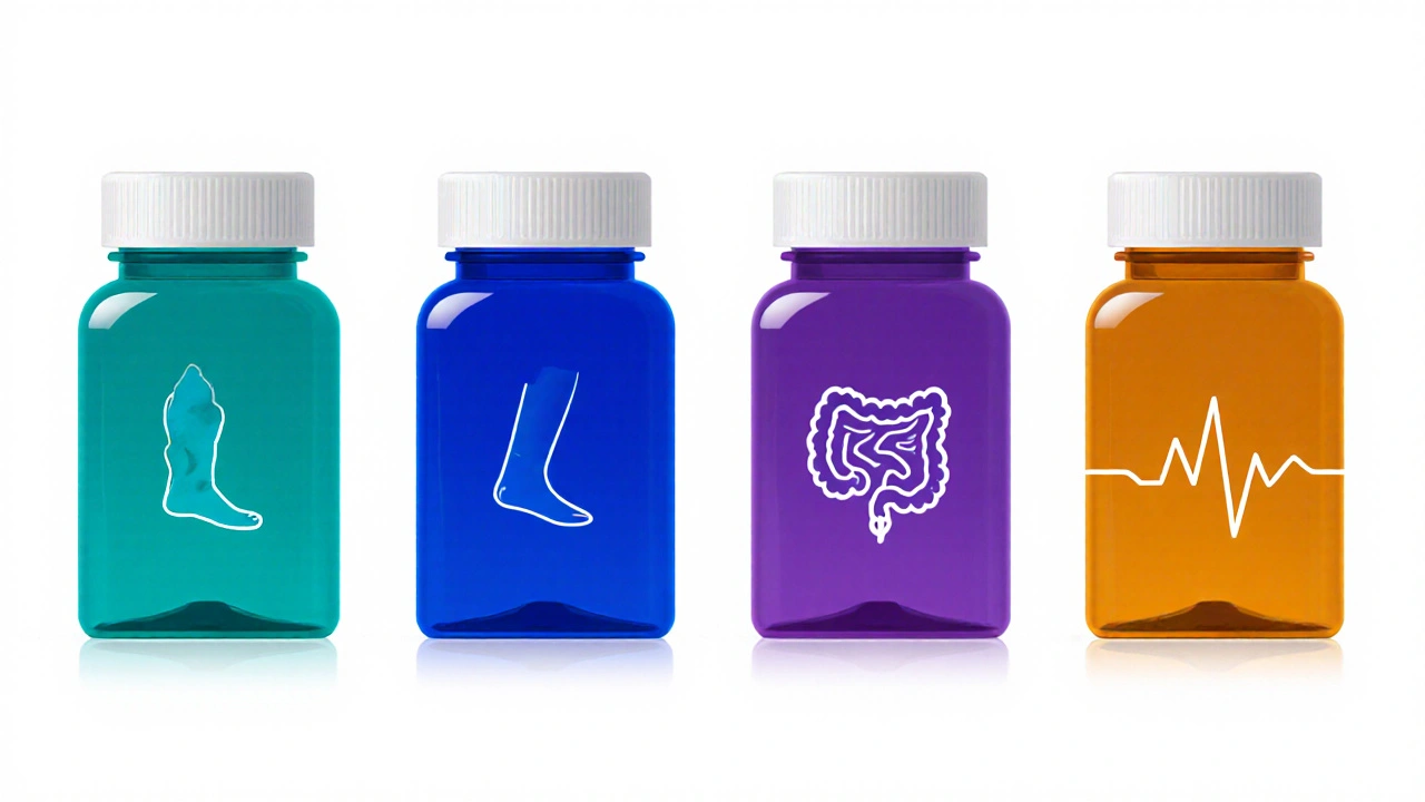 Four pill bottles with color cues and subtle icons for each drug&#039;s side effect.