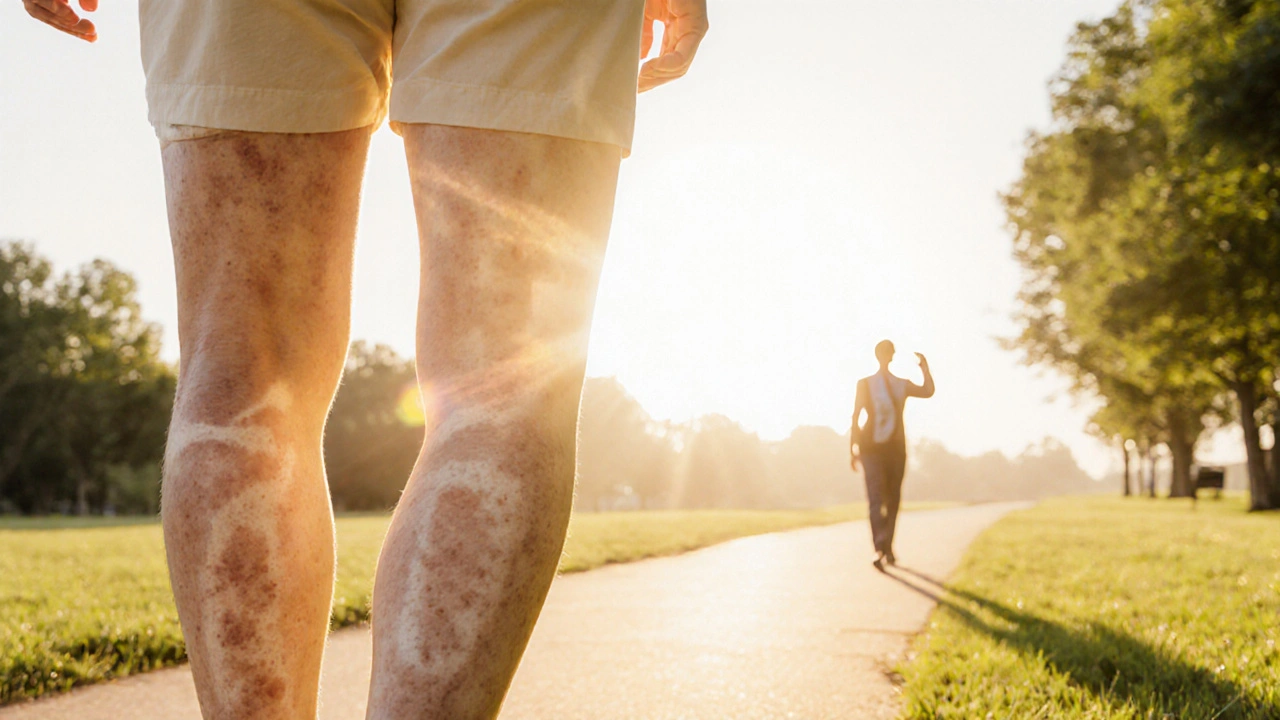 Happy adult walking in a park with clear skin, indicating relief from psoriasis pain.