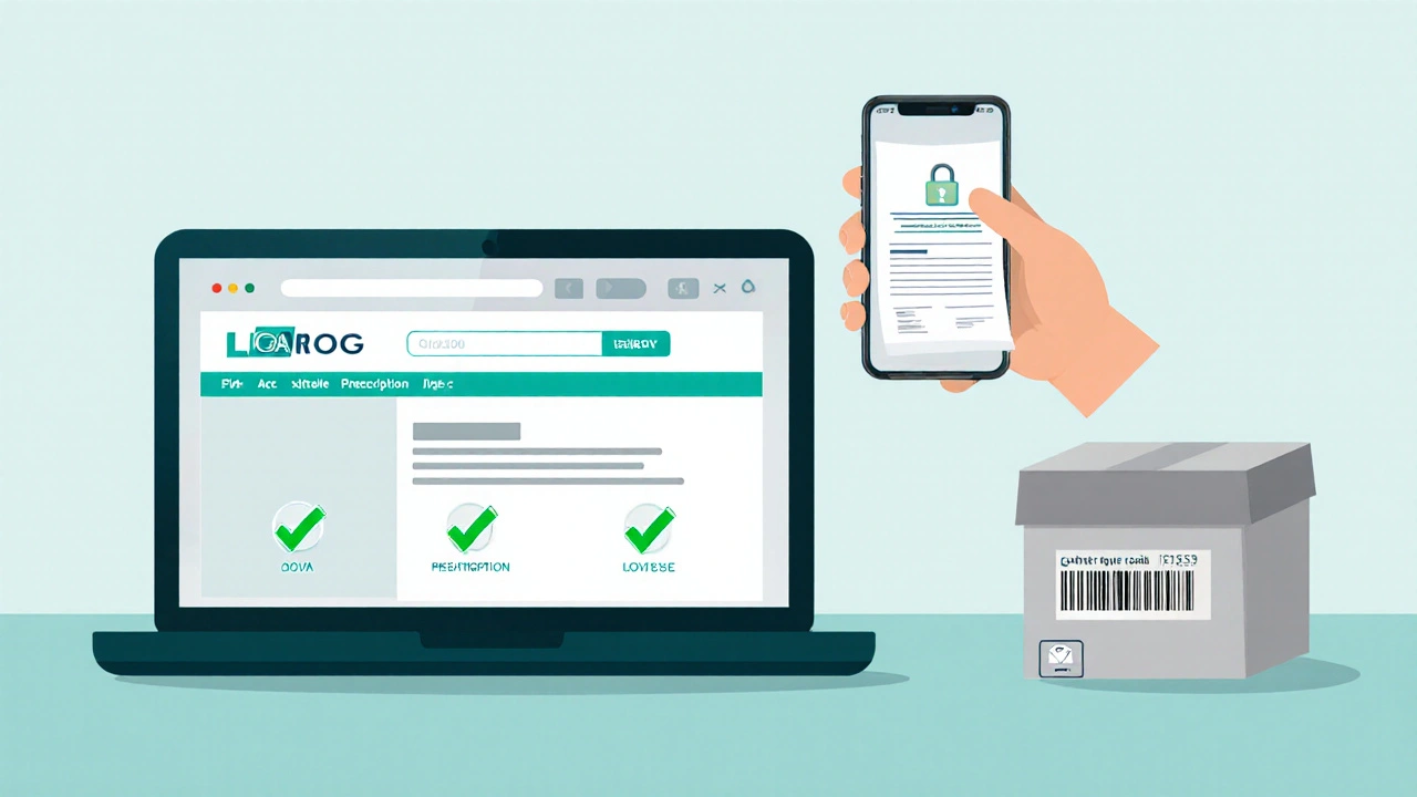 Illustration of laptop, prescription, and secure payment steps for buying Clomid online.