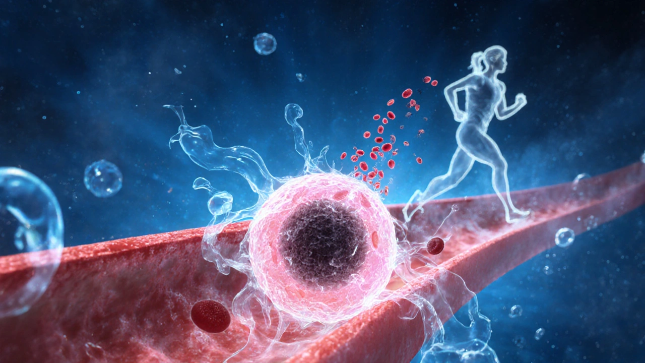 Immune cells activated during exercise targeting a tumor cell.