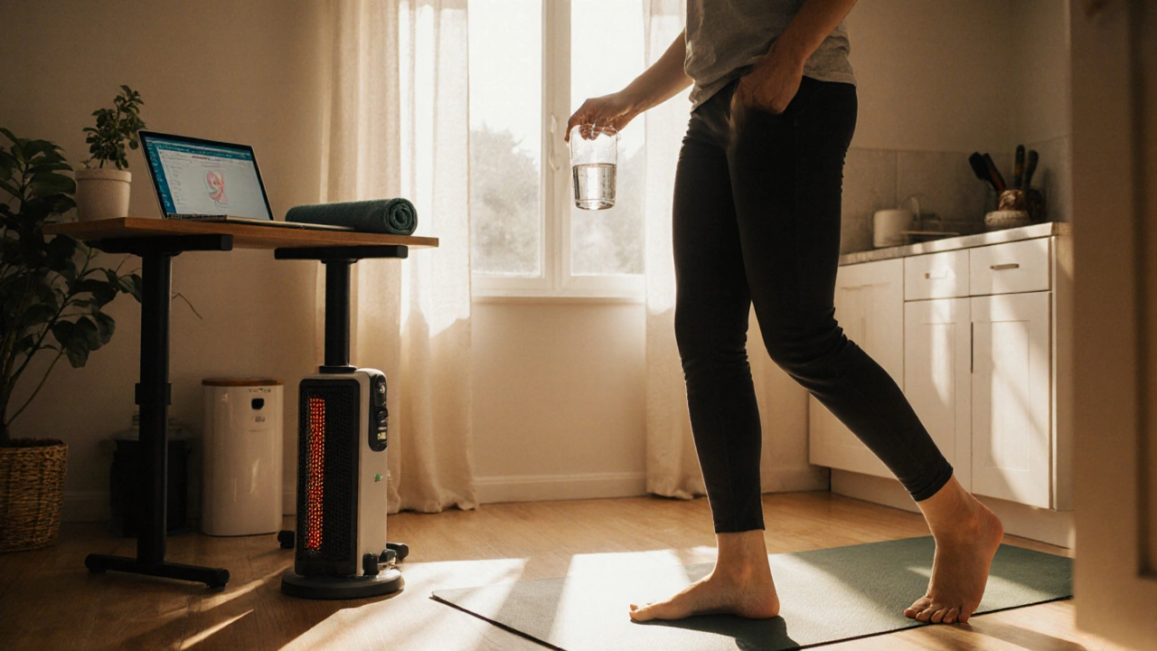 Individual drinking water, stretching, and working at an ergonomic desk.