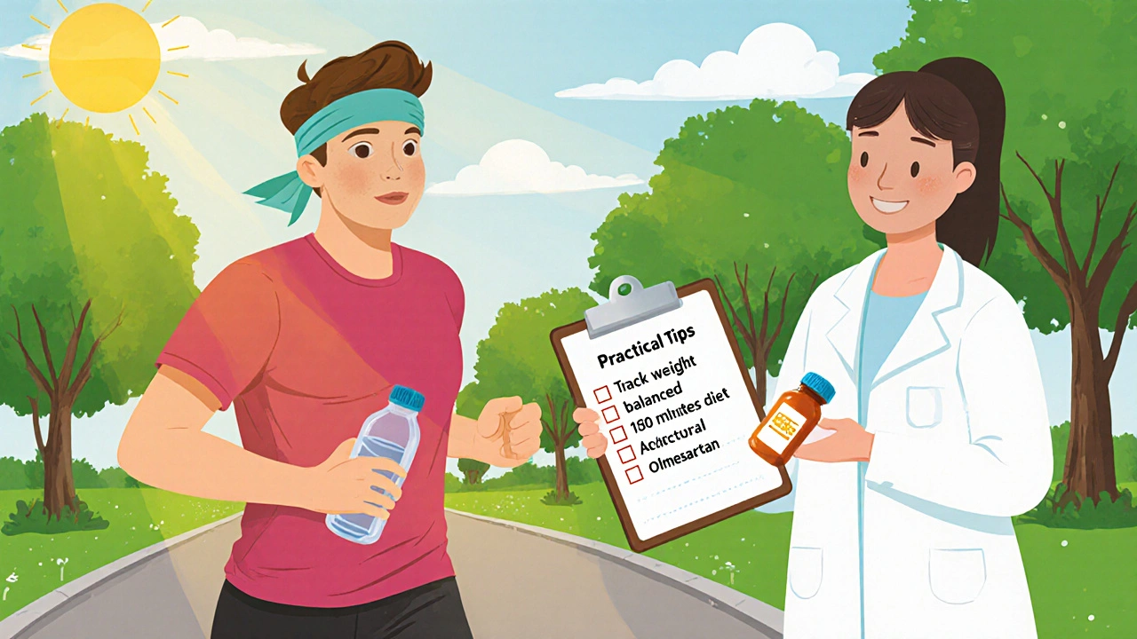 Jogger receiving Olmesartan pill with checklist of weight‑management tips in a park.