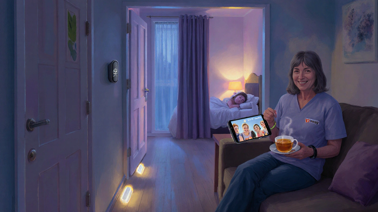 Nightlit hallway with safety cues; relaxed caregiver rests while the loved one sleeps peacefully.