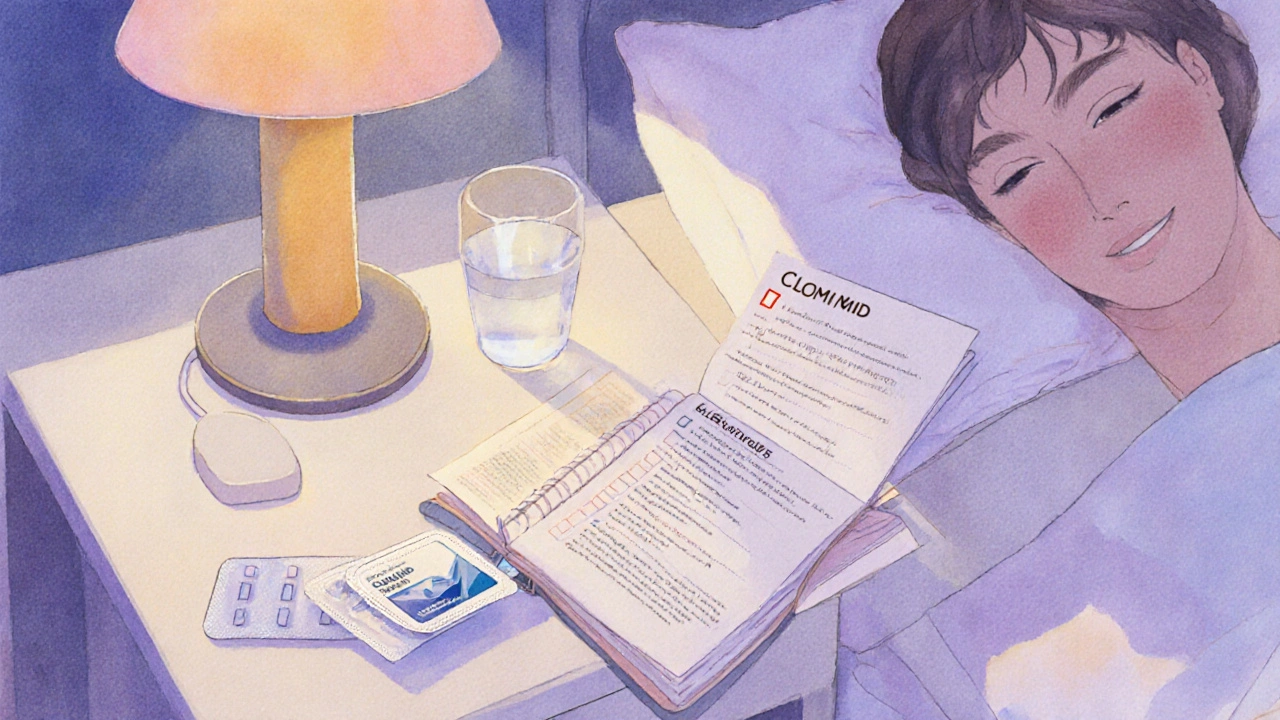 Nighttime bedroom scene with Clomid blister pack, diary, and lamp.