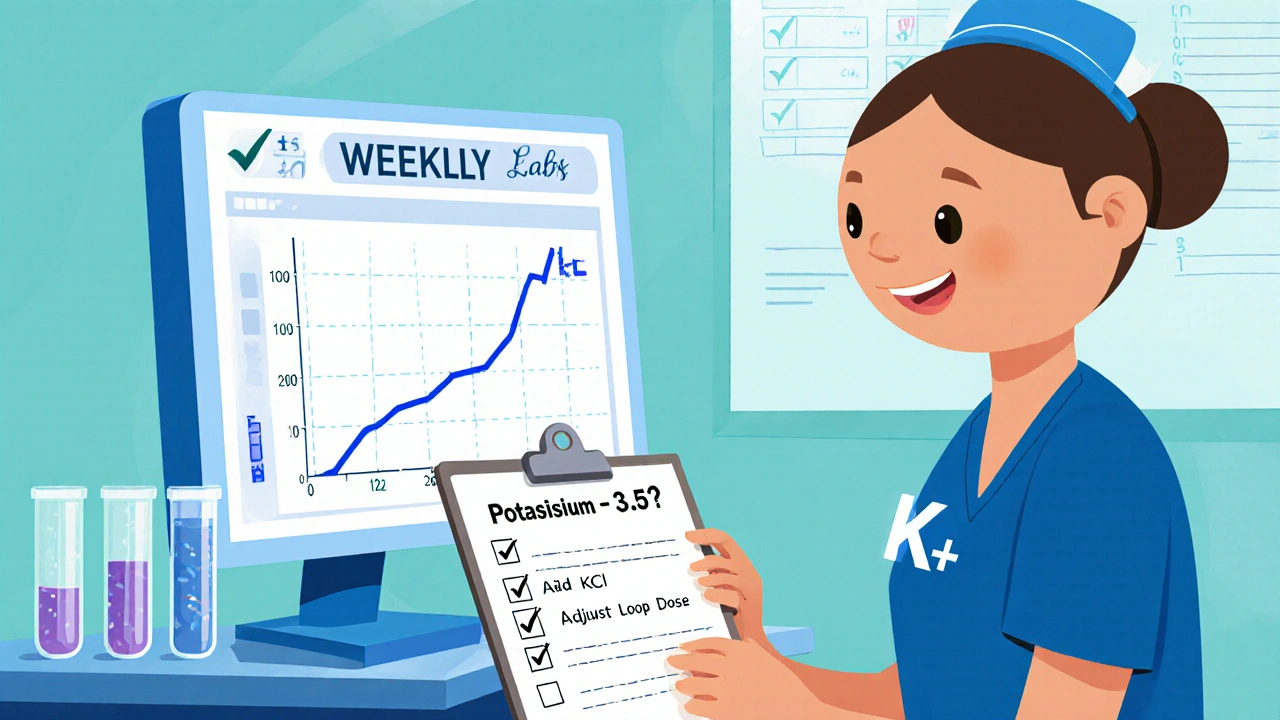 Nurse checking potassium lab results and a checklist at a nursing station.