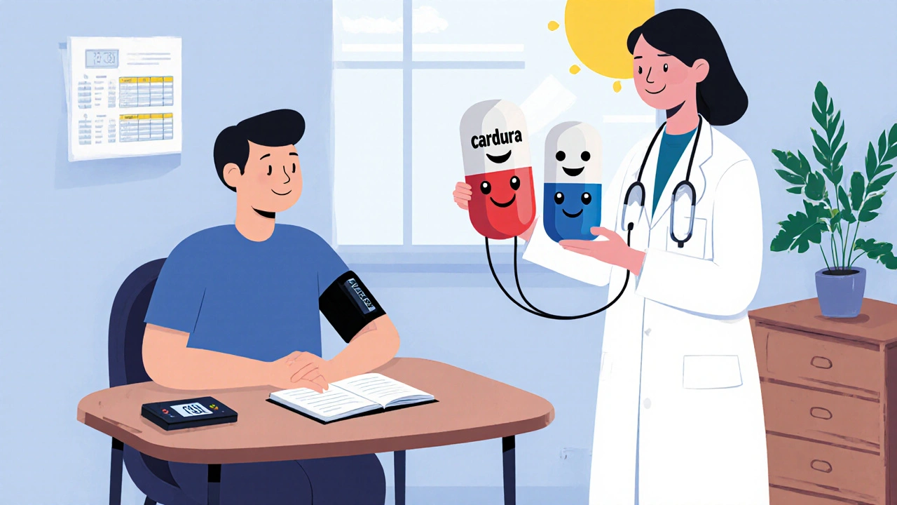 Patient and doctor discussing medication with blood‑pressure cuff and journal.