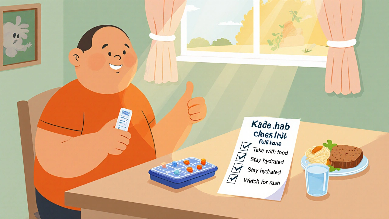 Patient at home with Keftab tablets, water, food, and a checklist of medication tips in rounded cartoon style.