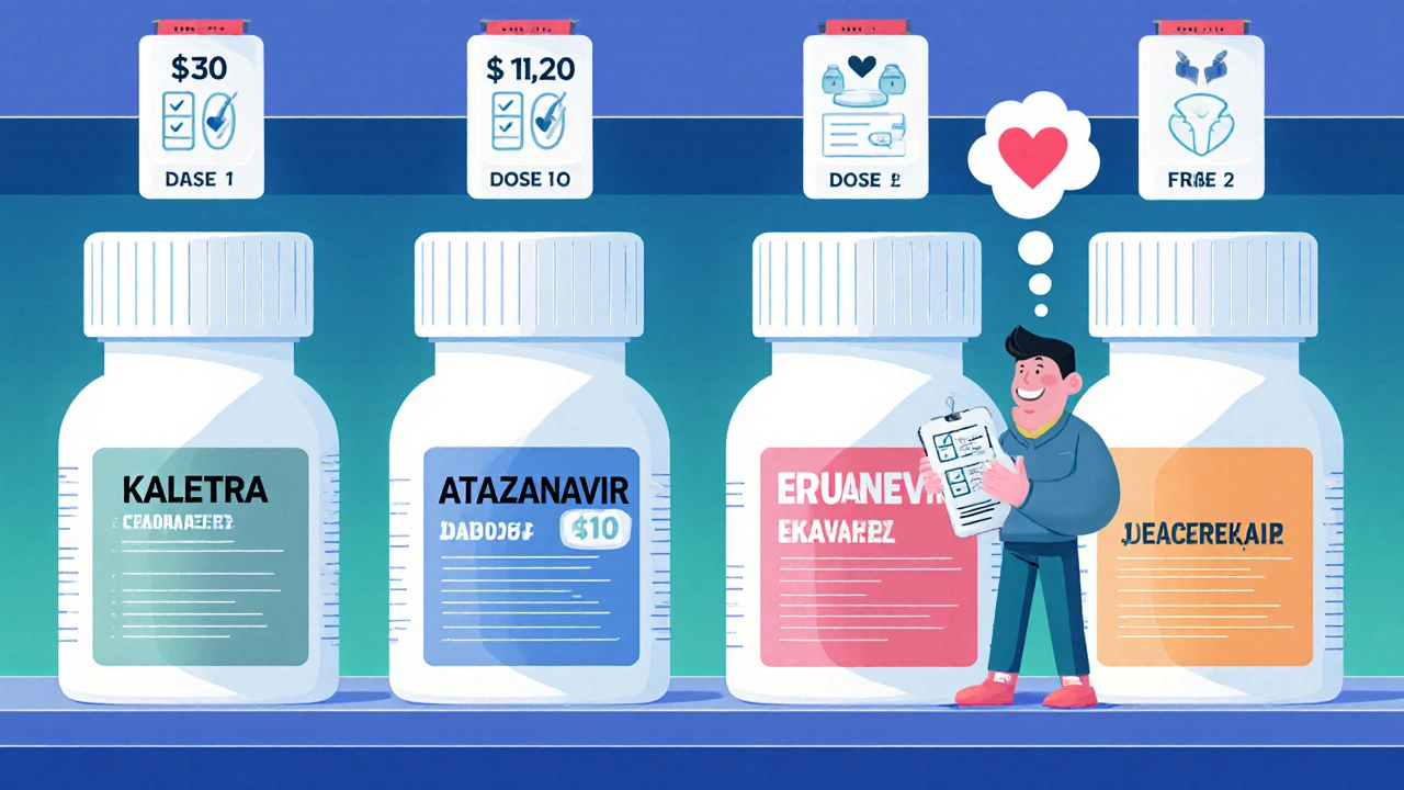 Patient in a pharmacy aisle comparing pill bottles with price tags and dosing icons.