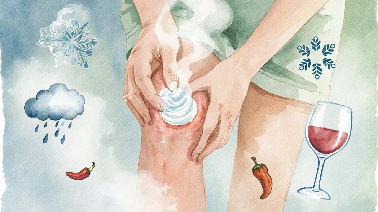 Person applying moisturizer to a knee plaque in a bathroom with subtle trigger icons.