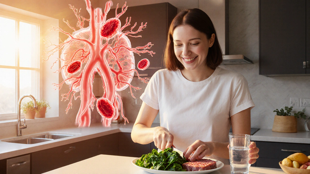 Person eating iron‑rich foods with glowing red blood cells representing recovery.
