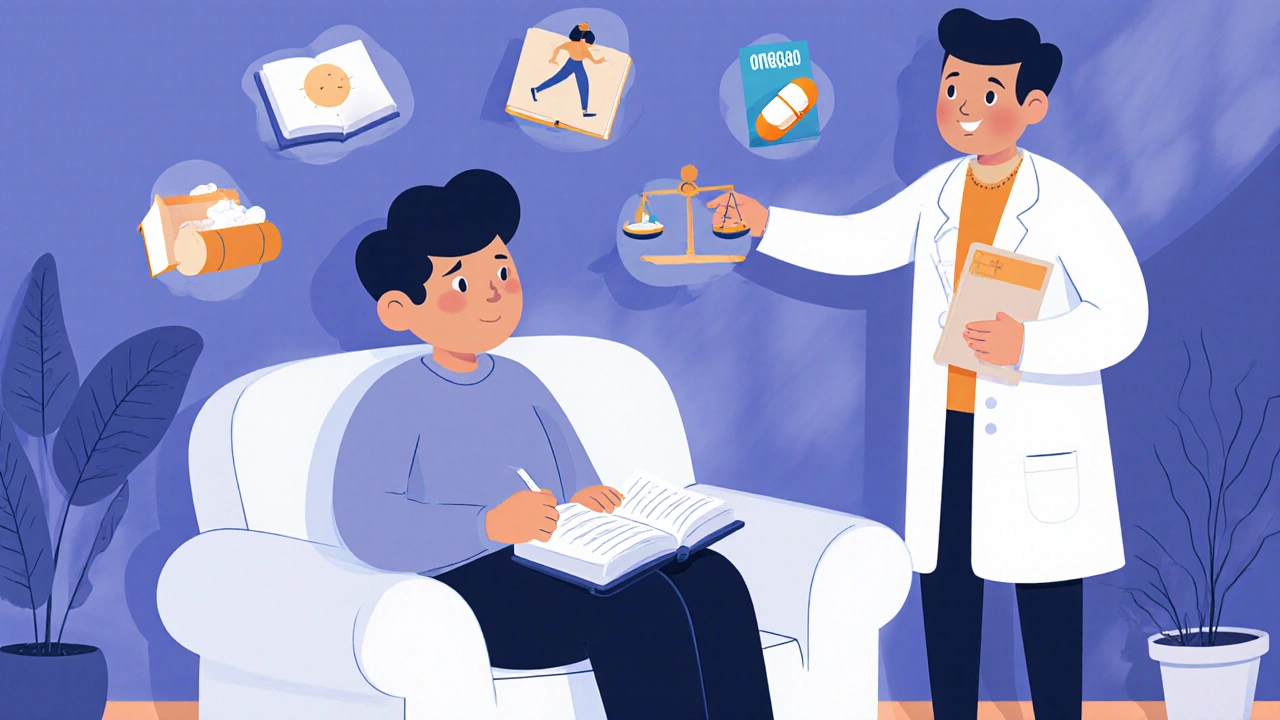 Person journaling on a couch with icons of therapy, exercise, and supplements nearby, guided by a doctor.