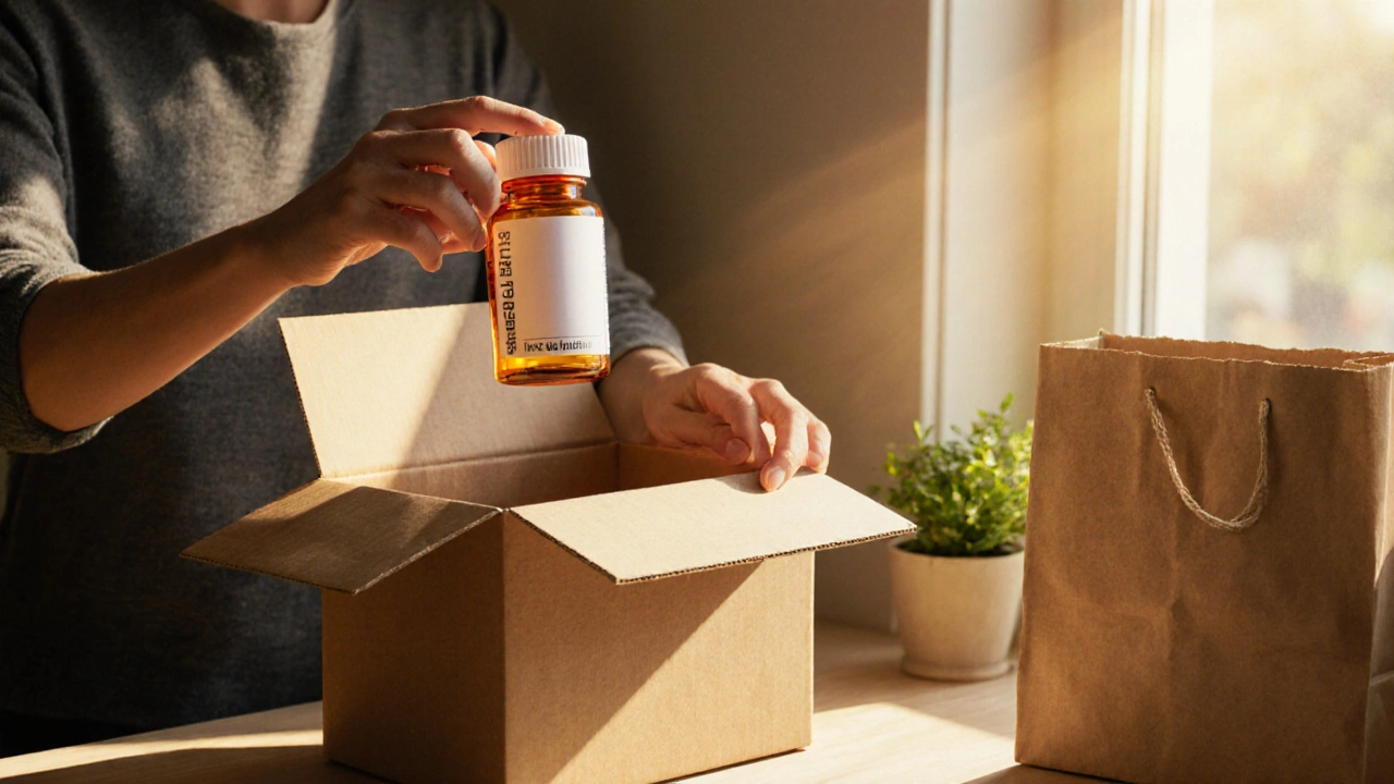 Person opening a delivery box, inspecting a generic antibiotic bottle on a sunny kitchen counter.