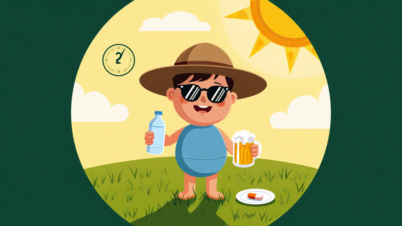 Person outdoors with water, a beer, and a doxycycline pill, under a sunny sky.
