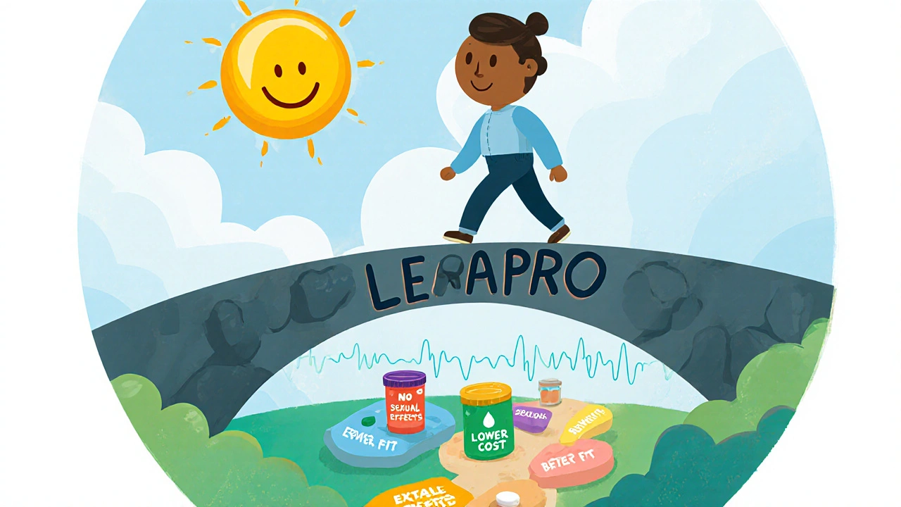 Person stepping from Lexapro bridge to alternative medication stepping stones under a smiling sun.