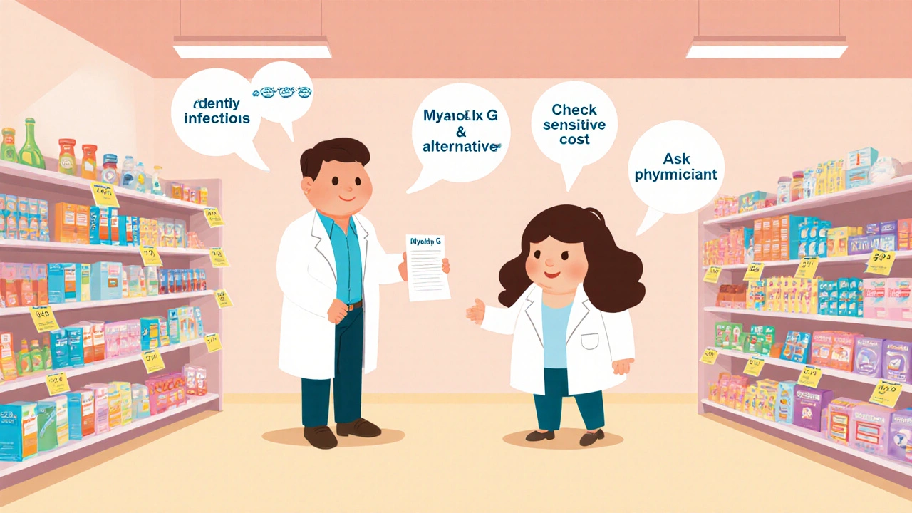 Pharmacist helps shopper choose an antifungal in a bright pharmacy aisle.
