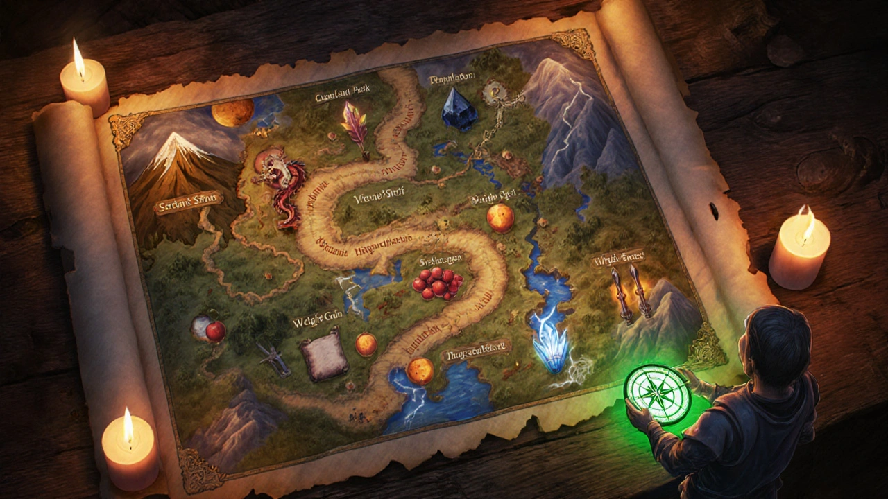 Quest map showing patient factors as terrain and drug icons as waypoints for choosing treatment.