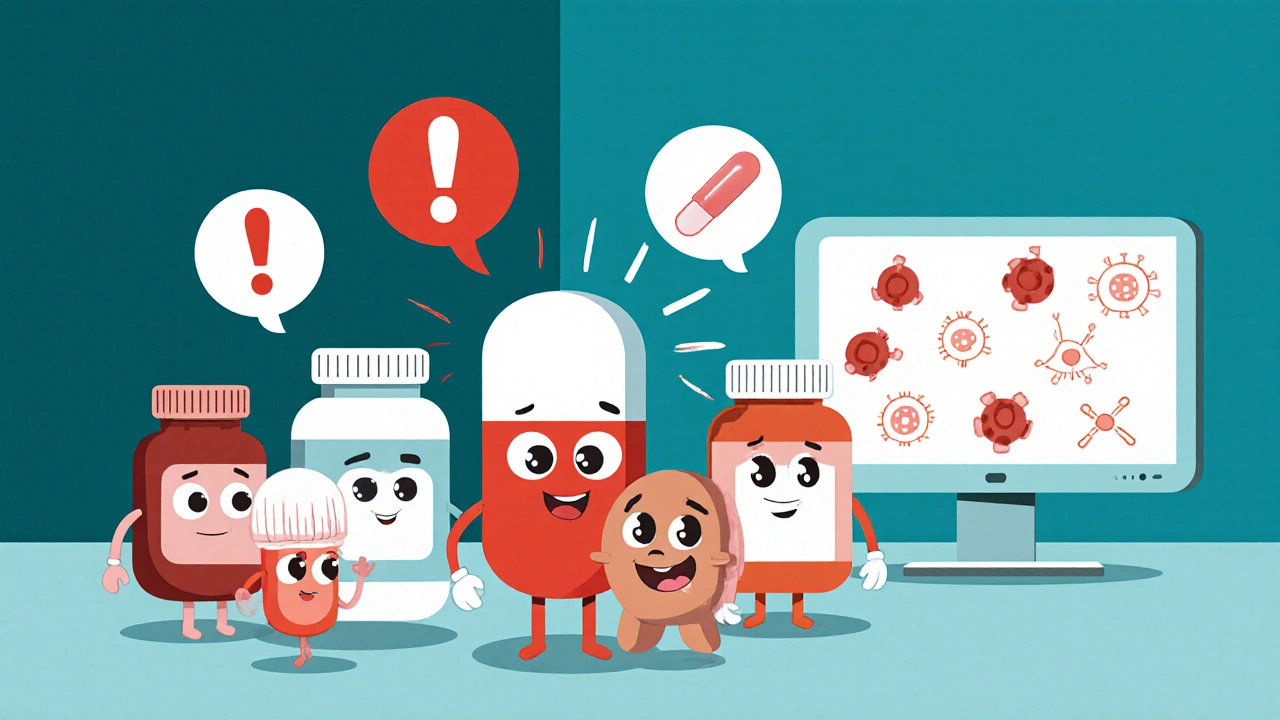 Rounded cartoon drug bottles surrounding an Azathioprine capsule, showing warning interactions.