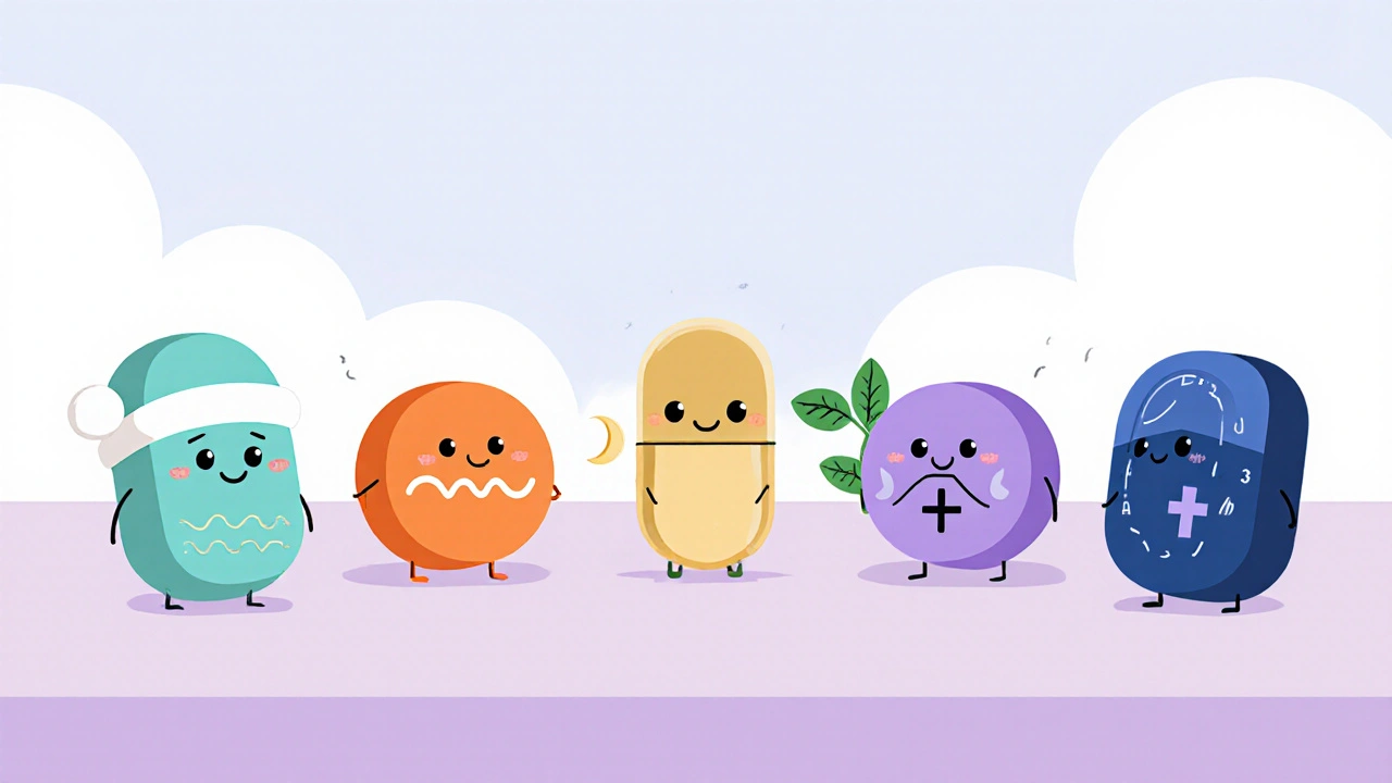 Rounded cartoon pill characters representing six sleep aids lined up on a table.