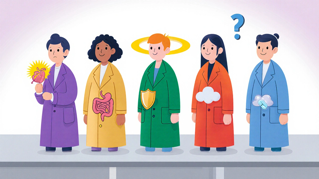 Six cartoon drug characters on a bench each showing their side‑effect symbols.