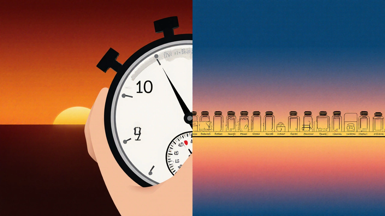 Split view: timer for 30‑60 min onset on left, 36‑hour duration bar on right.
