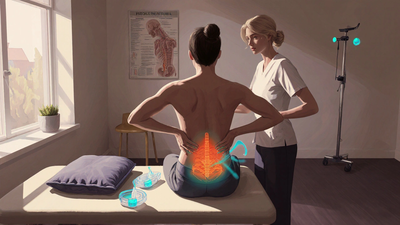 Therapist applying manual pressure with hot pack and TENS electrodes visible.