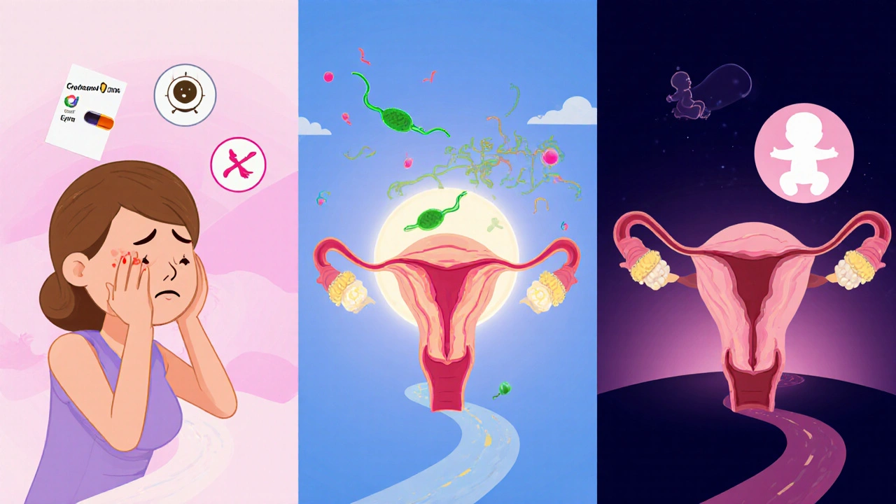 Three fertility paths: clomiphene, IUI, and IVF leading to a baby silhouette.