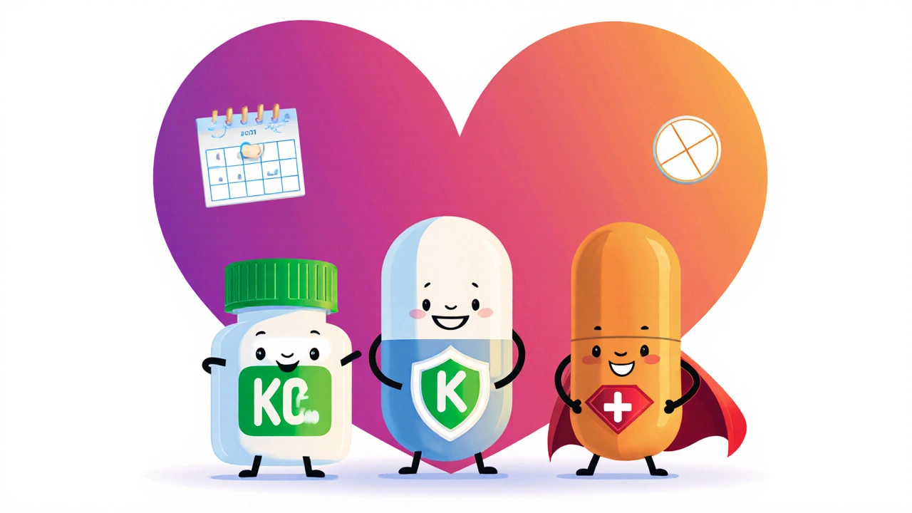 Three medication characters—potassium supplement, spironolactone, SGLT2 inhibitor—standing together.