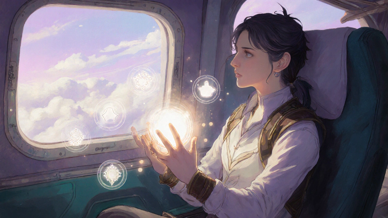 Traveler practicing breathing on an airship with magical aura, RPG art.