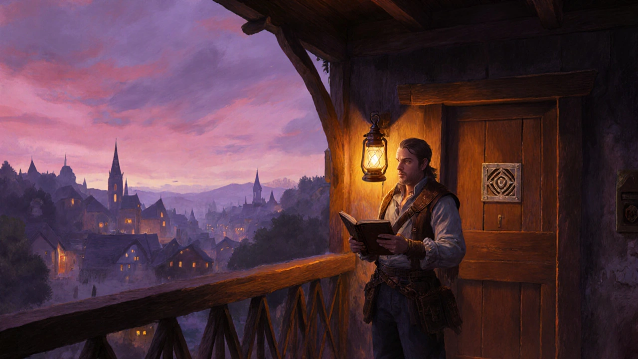 Traveler relaxing on an inn balcony, journaling, RPG art style.