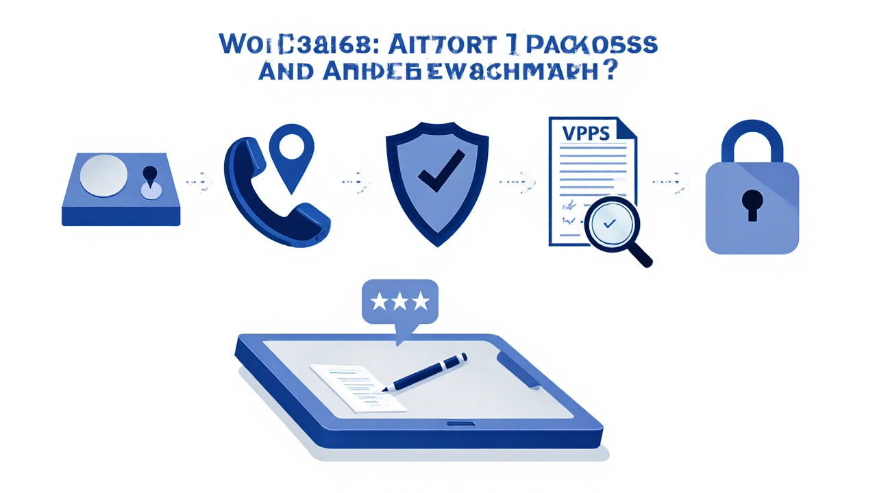 Vector icons depicting address, phone, seal, prescription, lock, and reviews with a magnifying glass.