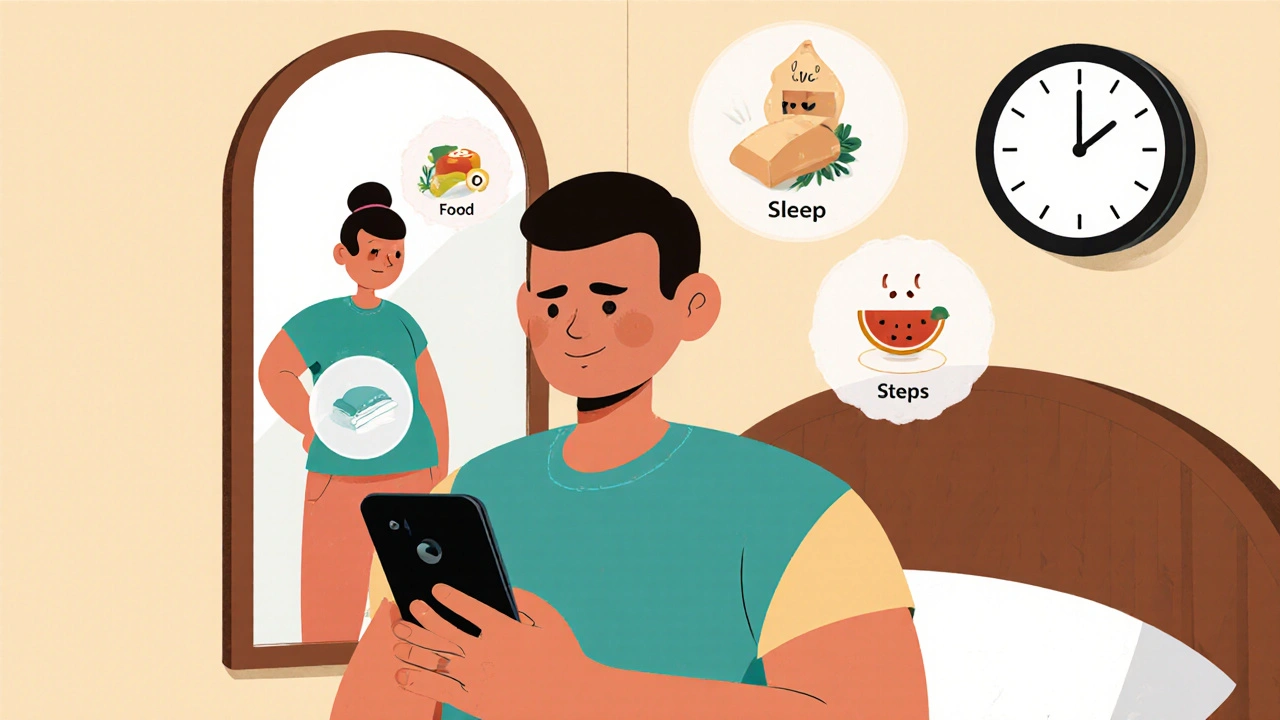 A patient tracks health data on a tablet at home, with icons for food, sleep, and mood floating nearby.