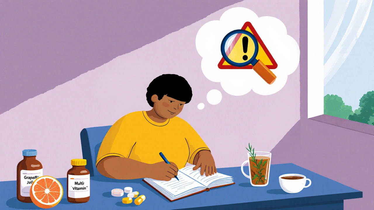 A person writing down drug interaction questions at home with pill bottles and grapefruit nearby.