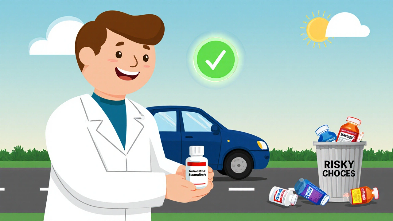 A pharmacist gives a safe allergy pill to a driver, with a glowing checkmark and risky meds in the trash.